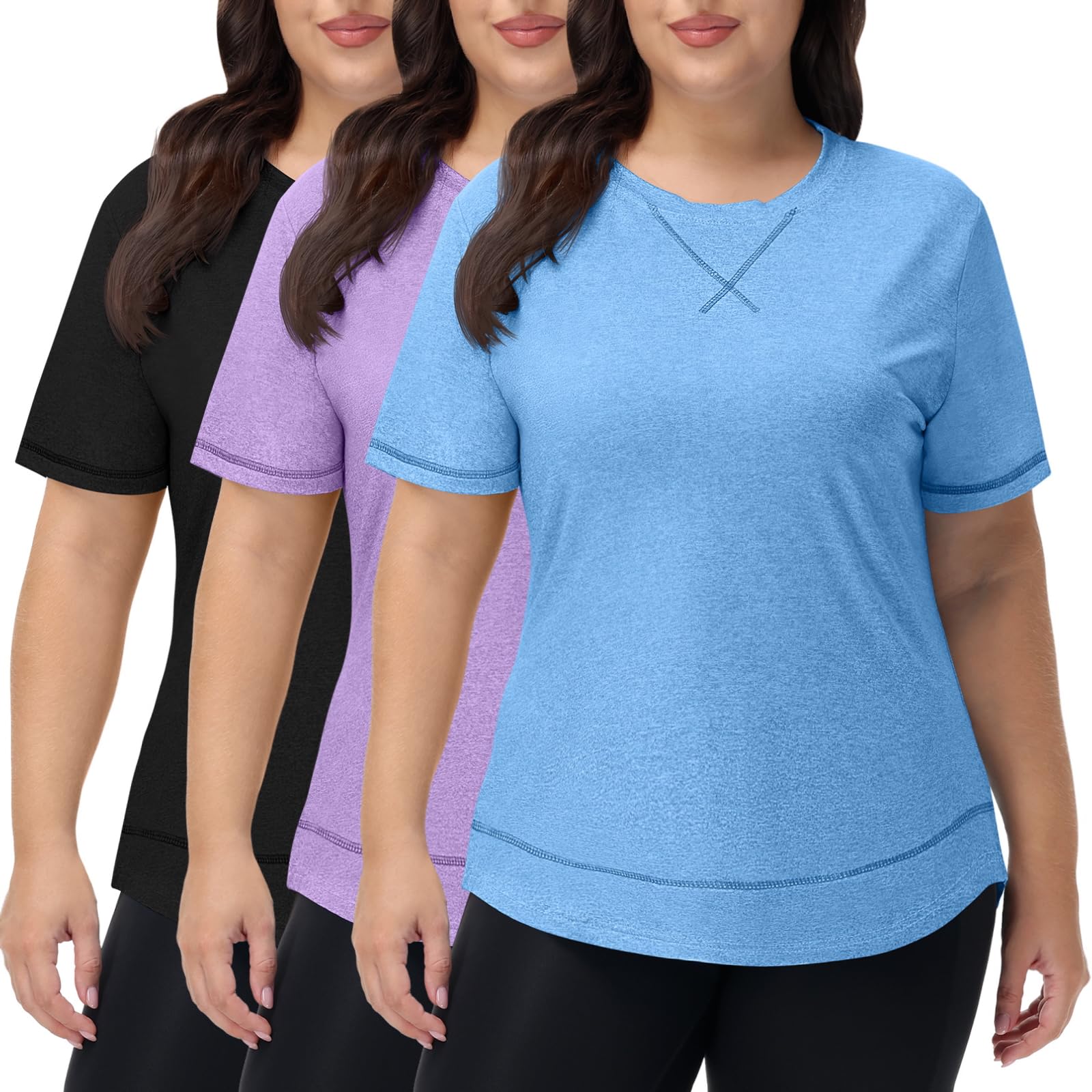 Coume 3 Pack Women's Plus Size Workout Tops Short Sleeve Loose Fit Crew Neck Shirts Quick Dry Gym Clothes