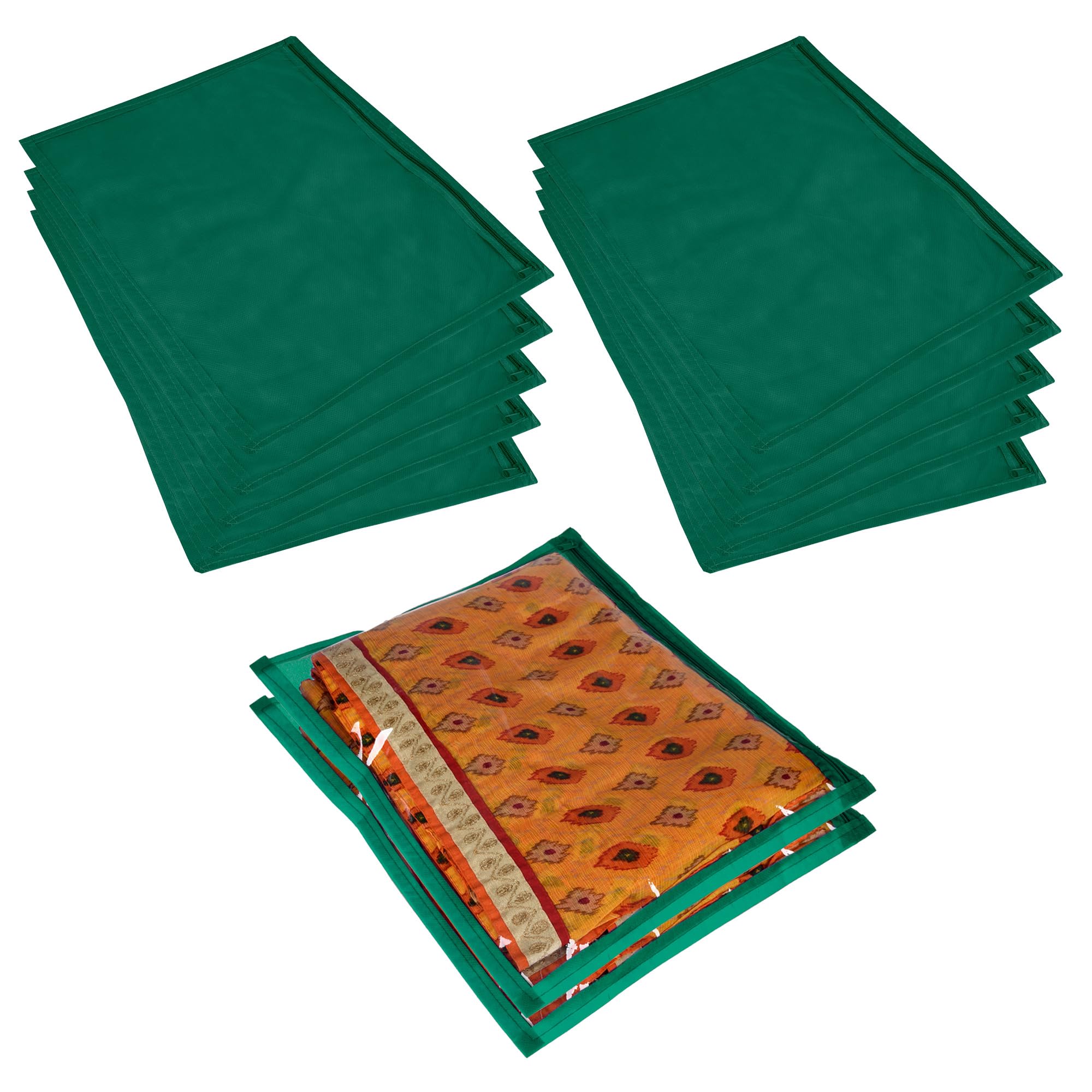 Kuber Industries Saree Cover | Non-woven Plain Saree Cover | Single Packing Saree with Zip Closure | Wardrobe Organizer | Pack of 12 | Green