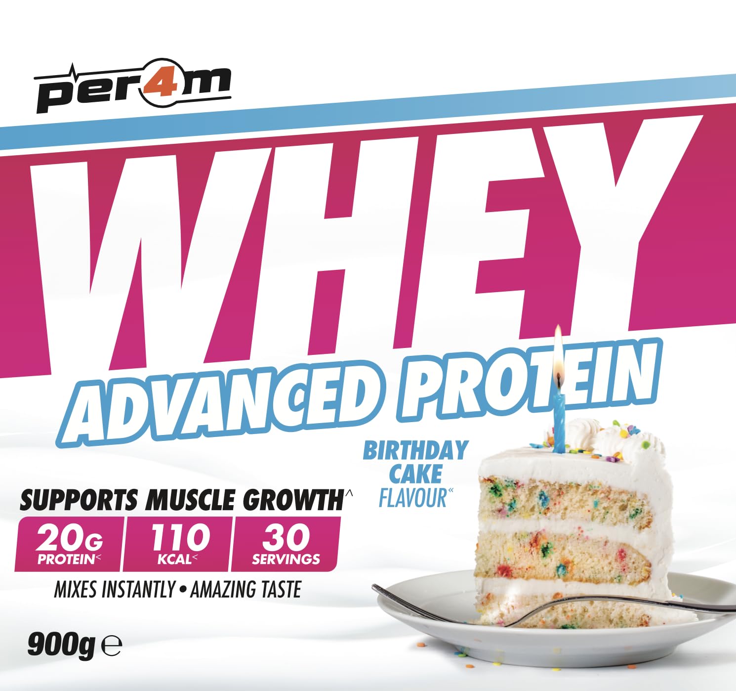 Per4m Whey Protein Concentrée, Prise de Masse et Récupération Musculaire, Acides Aminés Essentiels, Haute Protéine, Faible en Glucides, Complément Fitness Sport – Birthday Cake – 900g