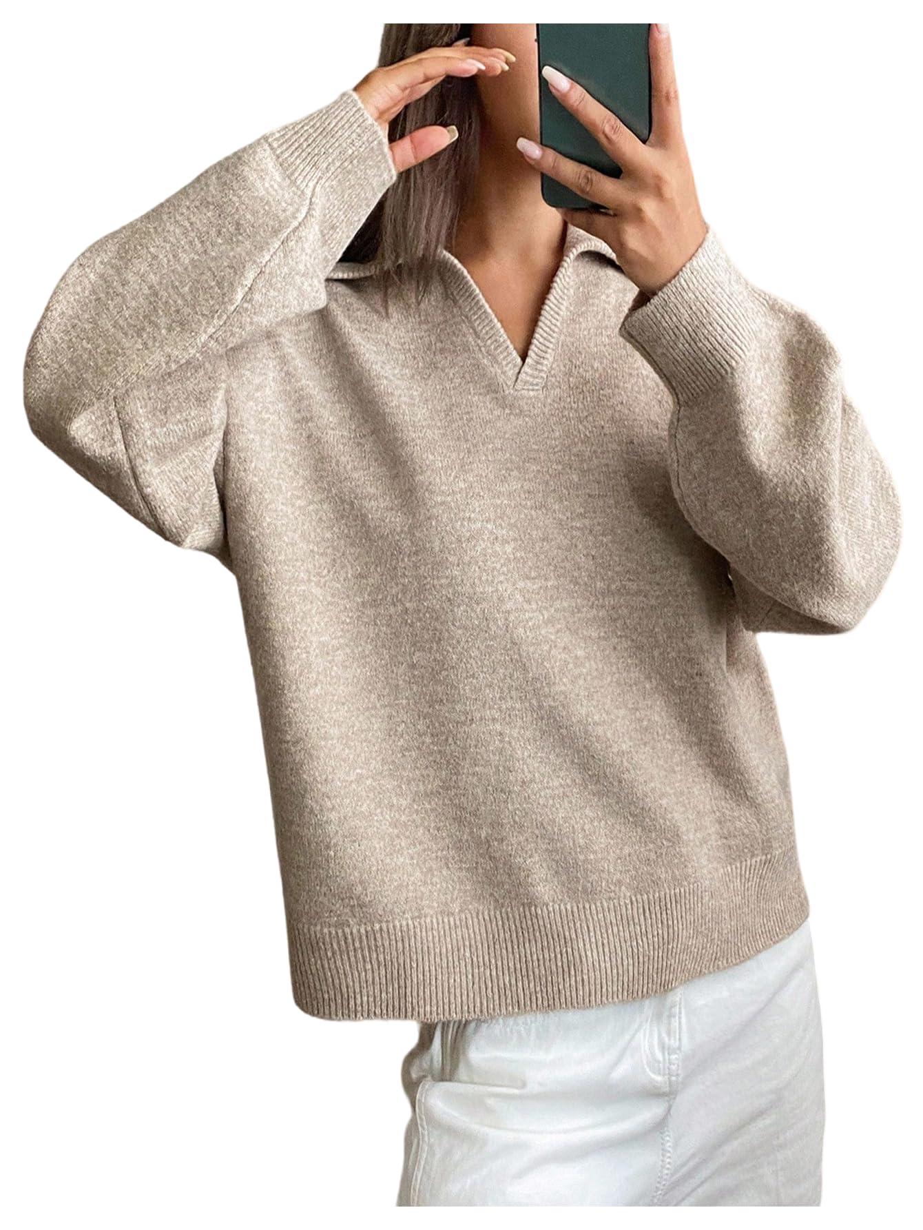 Womens Oversized Sweaters Collared V Neck Long Sleeve Preppy Casual Old Money Knitted Pullover Tops