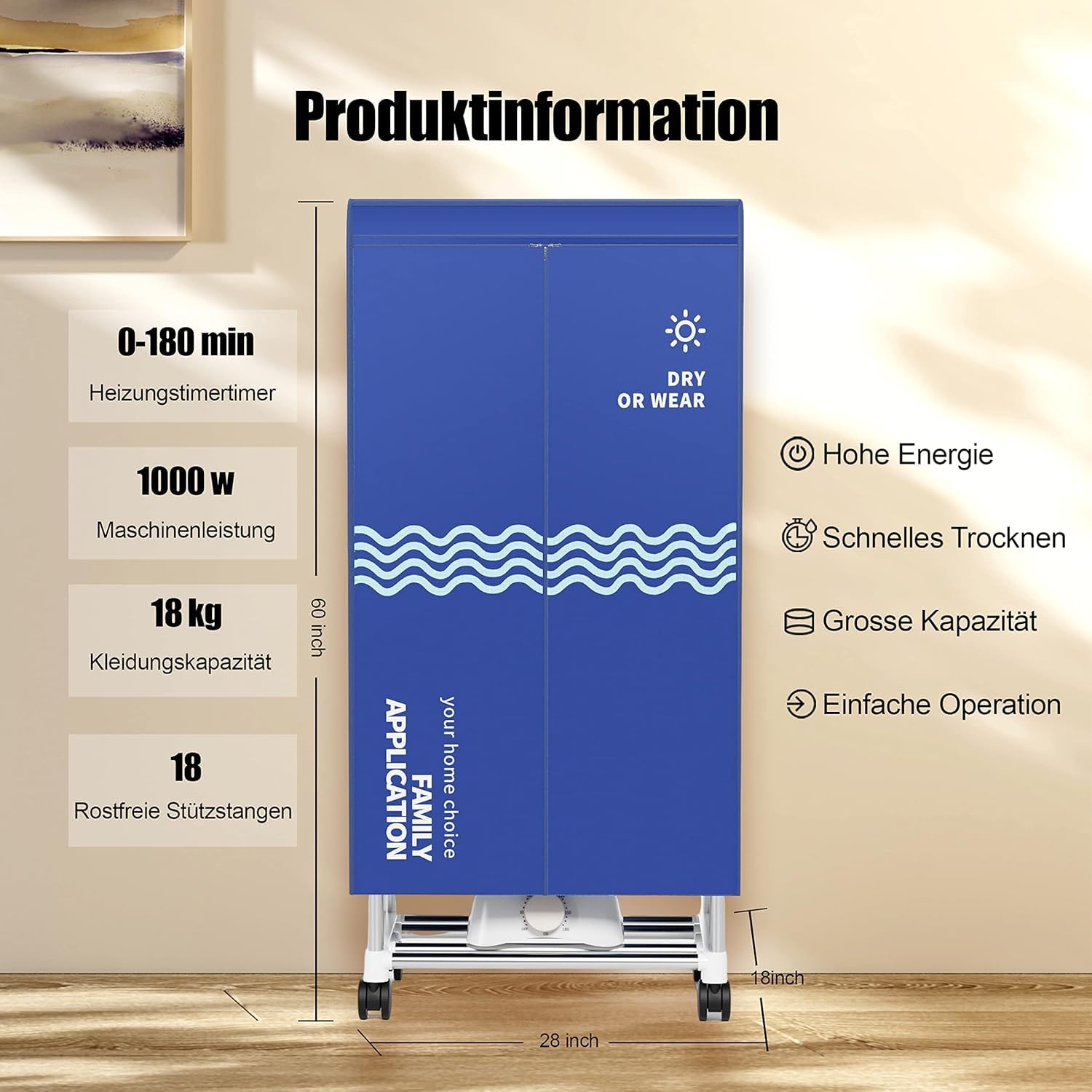 Kiseely Wäschetrockner, Tragbare Trockenmaschine mit Timer, 60inch Wäschetrockner mit großer Kapazität, elektrischer Trockner/Rack für Zuhause (Blau MI1)