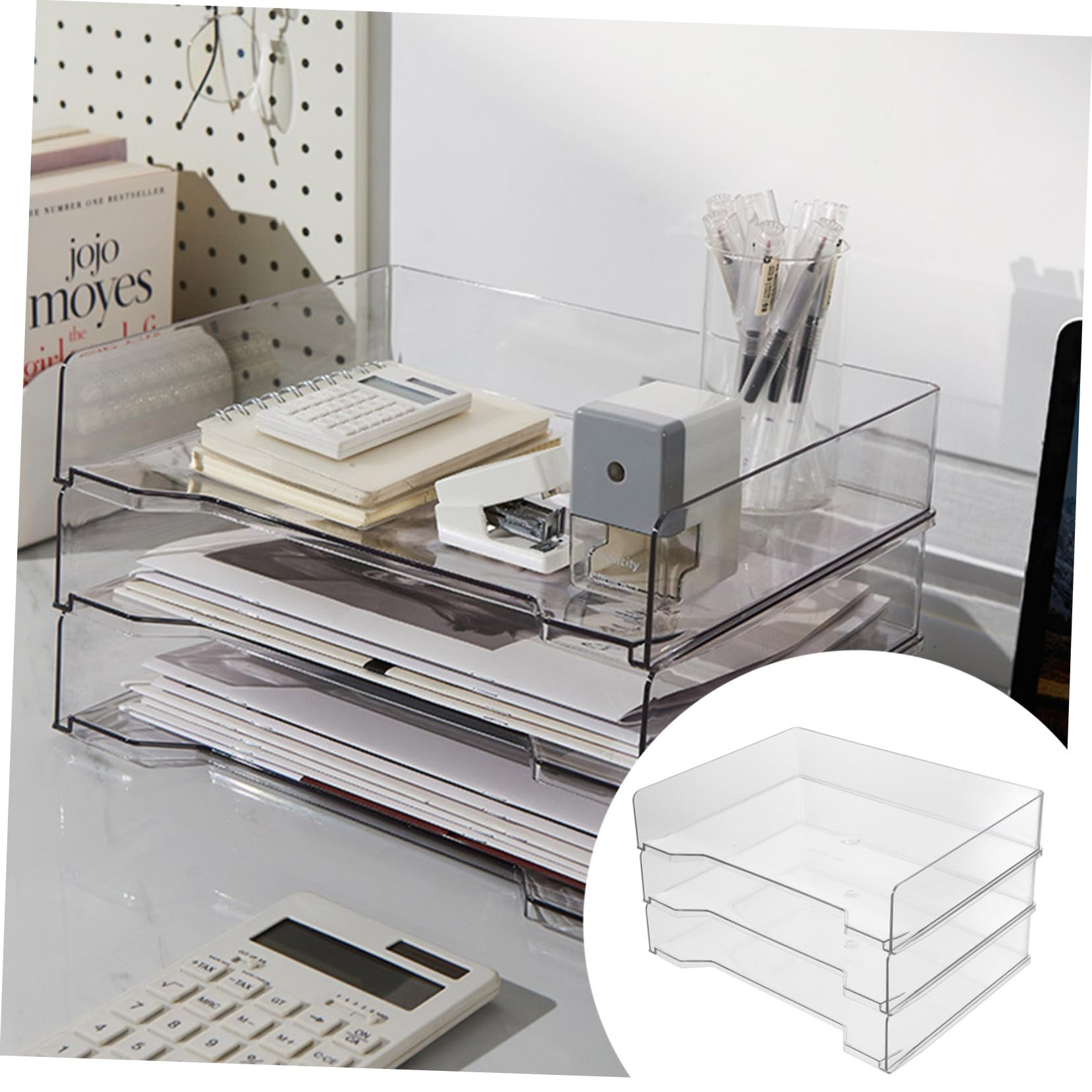 OSALADI 3 Piezas Organizador de Escritorio Apilable de Recipiente Transparente para Almacenamiento de Archivos para Oficina Escuela y Accesorios de Oficina y de Papelería