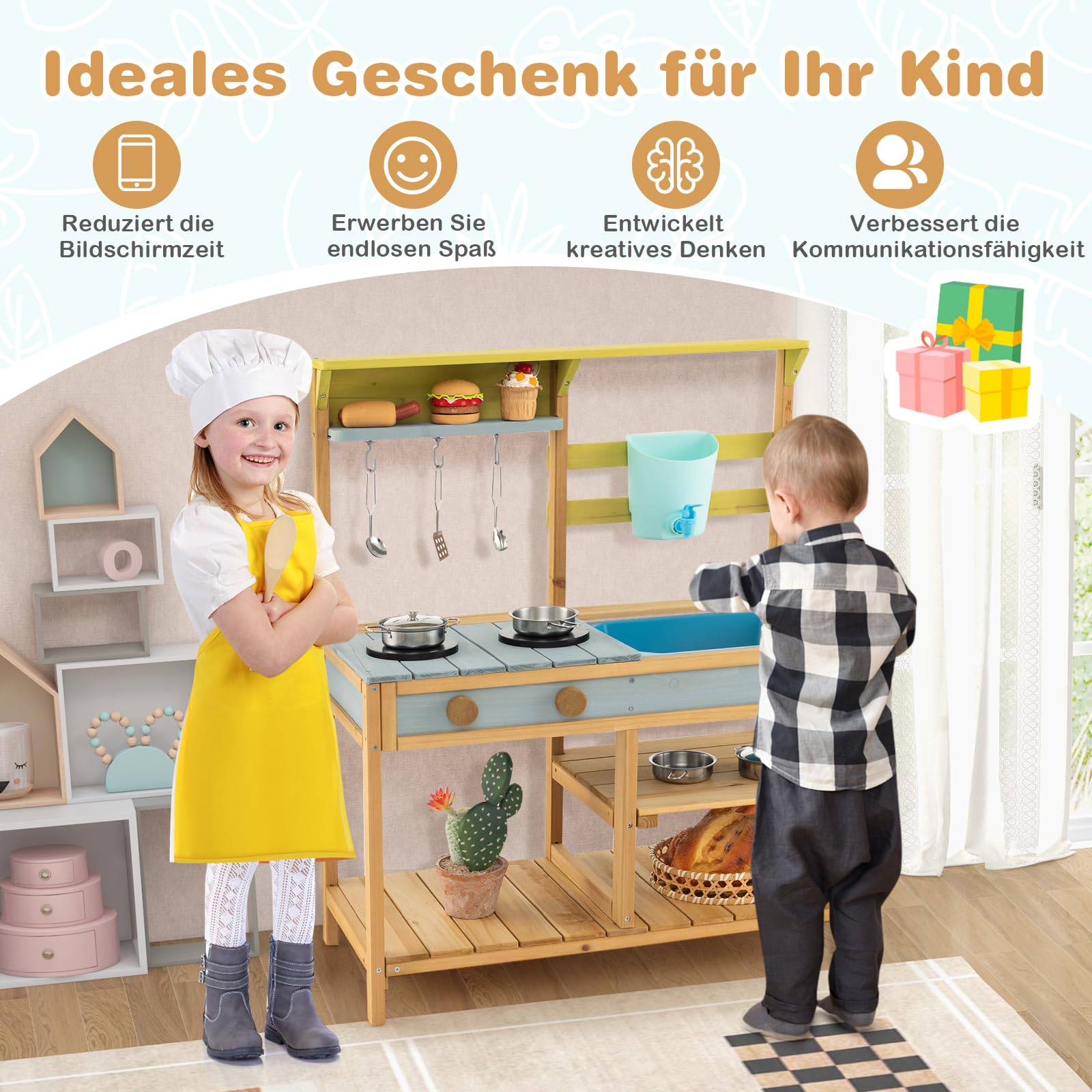 COSTWAY Matschküche Kinder Outdoor, Kinderküche Holz mit Wasserfunktion, Spielküche mit Haken & abnehmbarem Regal, Gartenküche Outdoorküche für Kinder ab 3 Jahren