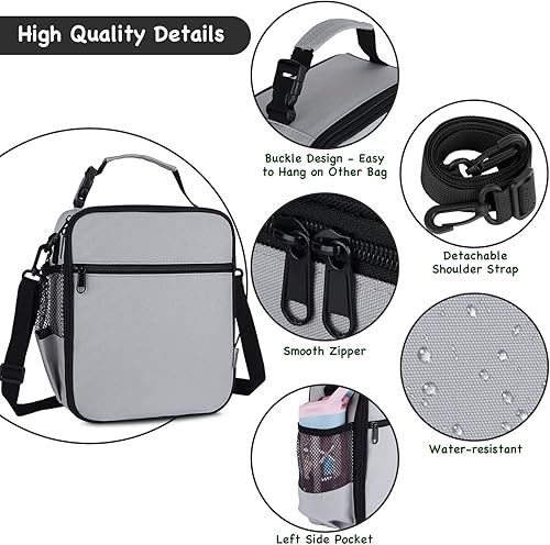 Miniatura 3 de Lonchera térmica para niños, bolsas térmicas de picnic con correa ajustable para adultos, niños, mujeres, hombres, niñas, trabajo escolar (gris)