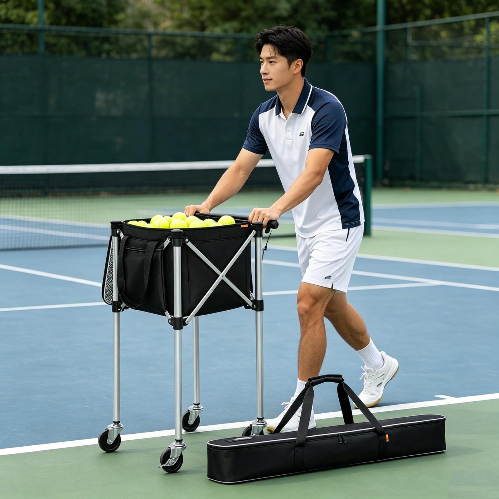 Carro de pelotas de tenis plegable, 90 x 40 x 40 cm, con ruedas de 360° | Diseño plegable, ruedas de 360°, 90 x 40 x 40 cm, para pelotas de tenis, fácil de transportar