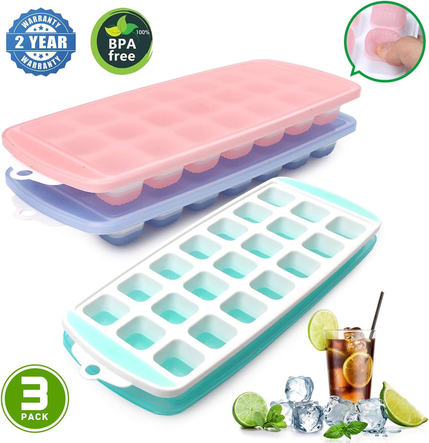 Ice Cube Trays, Ice Tray Food Grade Flexible Silicone Ice Cube Tray Molds with Lids, Easy Release Ice Trays Make 63-Ice Cube, Stackable Dishwasher Safe, Non-toxic, BPA Free (2019 Newest/3 Packs)