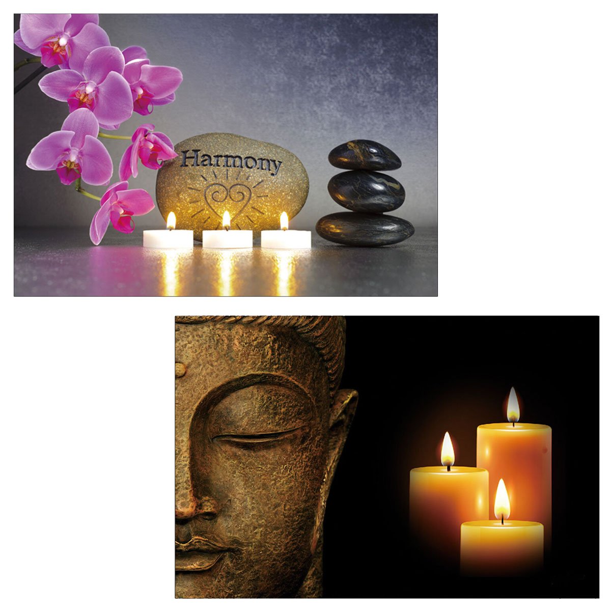 Mendler LED-Bild Leinwandbild Wandbild 40x60cm Timer Buddha flackernd 2er-Set