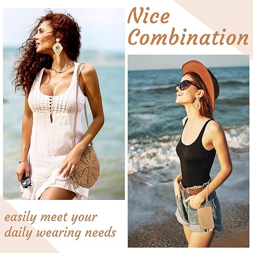 Miniatura 2 de Sweetude Bolso de mano de paja para mujer, juego de aretes de ratán, bolsa de paja de verano, playa, bolso bohemio, cartera tejida para vacaciones