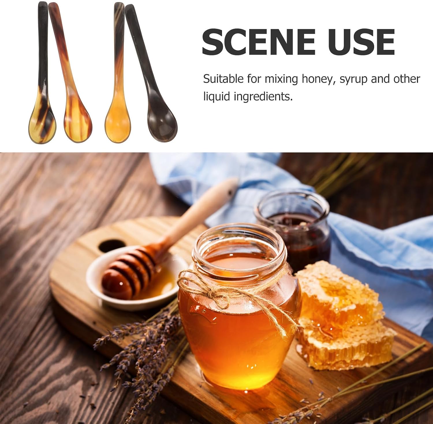 4pcs Natural Ox Horn Honey Spoon Long Handle Mixing Spoon for Coffee | Portable, Smooth Blend for Liquid Ingredients, Safety Use, Random Color