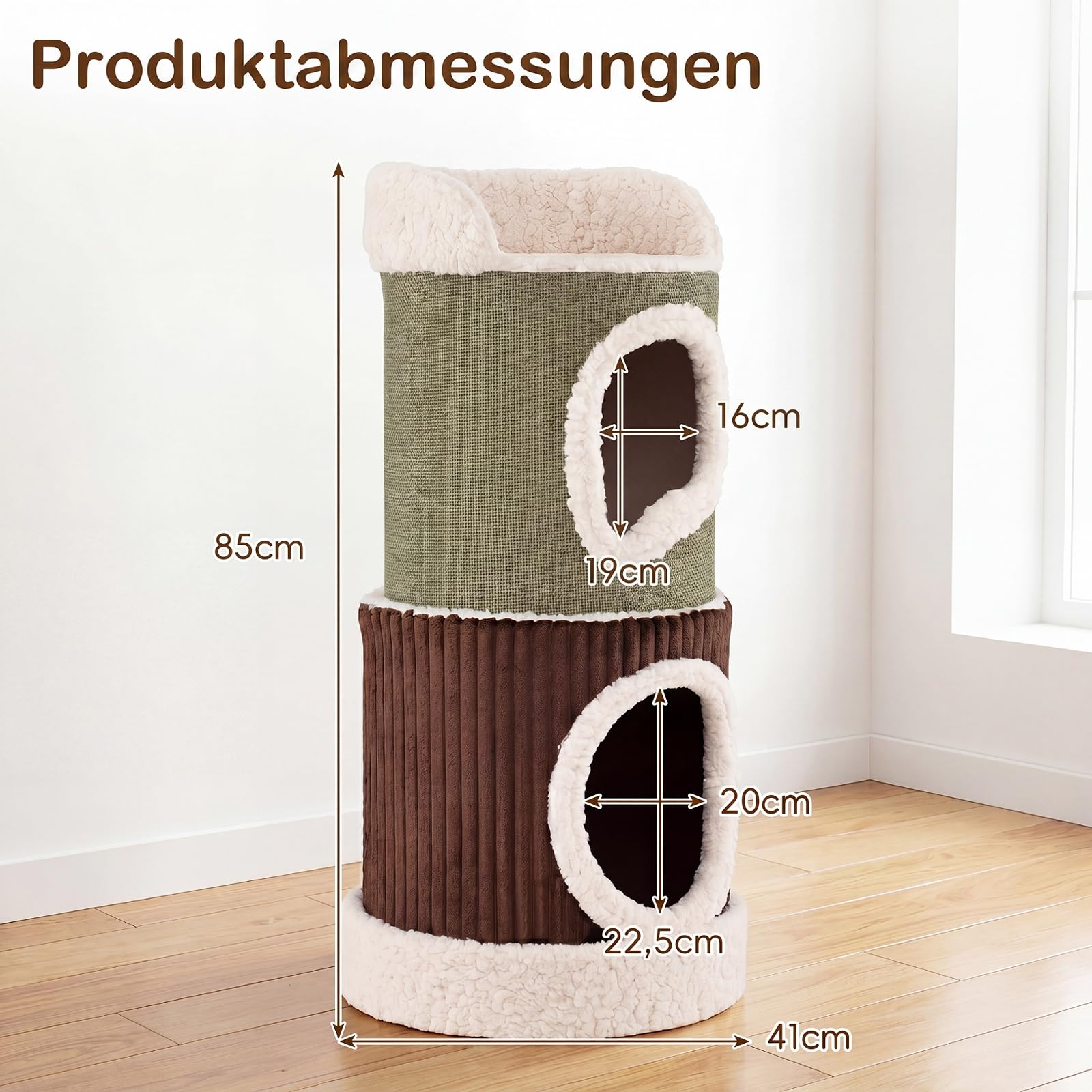 COSTWAY Kratztonne, Ø 41 cm, 85 cm hoch, Katzentonne mit 2 Katzenhöhlen, waschbarem Kissen & Liegefläche, Kratzbaum für kleine und mittelgroße Katzen bis 10 kg, Grün + Braun
