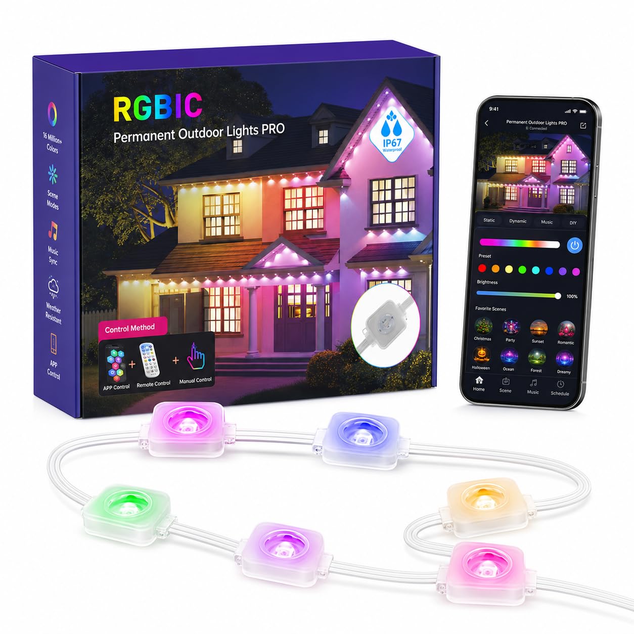 Luci Esterne Permanenti RGBIC - 15 metri con Luce Bianca, App e Telecomando 2.4G, Impermeabili IP67 per Grondaie, Facciate, Pergole e Tettoie, Modalità Musica e Timer