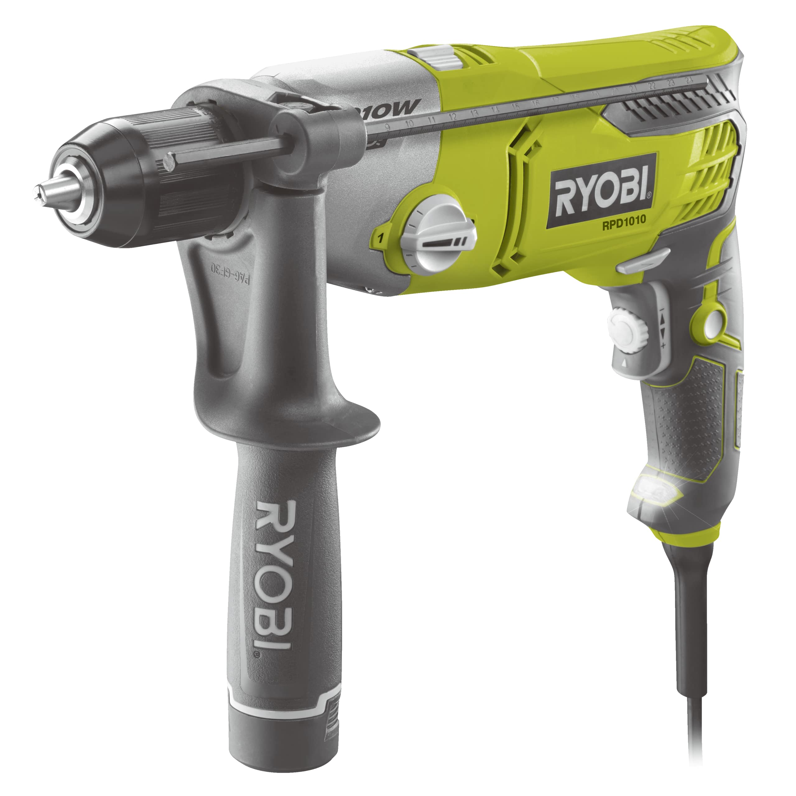 RYOBI Schlagbohrmaschine kabelgebunden 220 V 1010 W 2 Geschwindigkeitsstufen Bohrfutter 13 mm Metall LED Aufbewahrungsbox