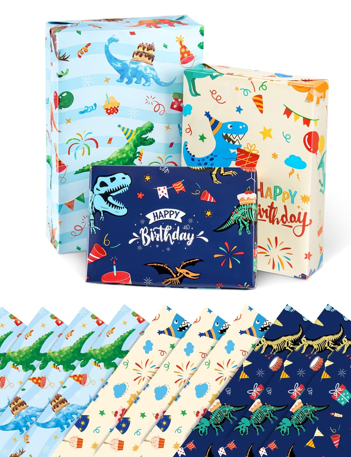 3 Rouleaux Papier Cadeau Dinosaure – 43x305 Cm, Thème Anniversaire Dino Enfants, Ligne Découpe, Joyeux Anniversaire Garçons Filles