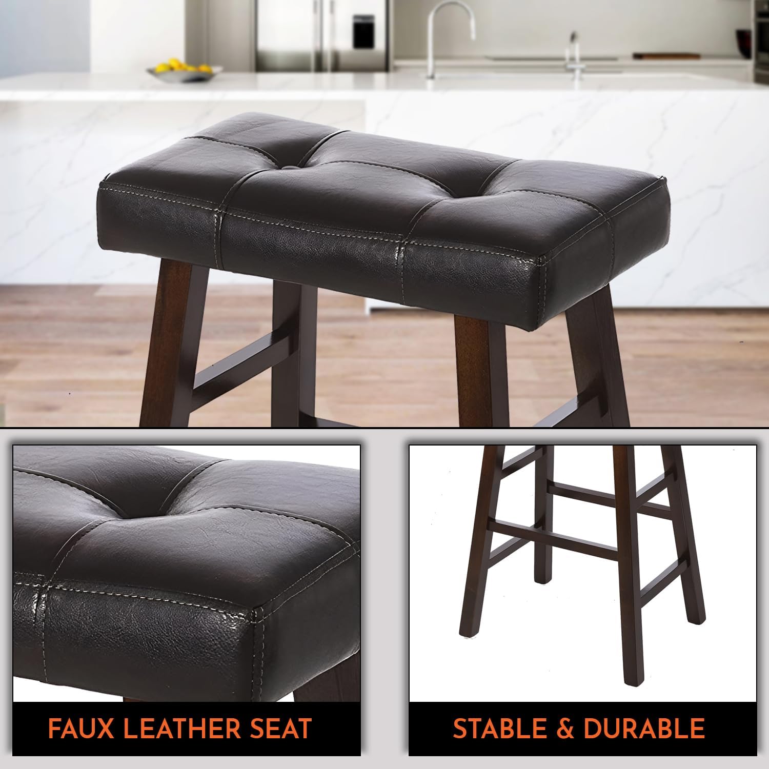 Legacy Decor 2 Counter Bar Stool Set - 29" High Dark Espresso Barstools with Wrapped Bonded Faux Leather Seat - Solid Wood Modern Countertop Stools - Ideal for Kitchen Island & Bar Areas