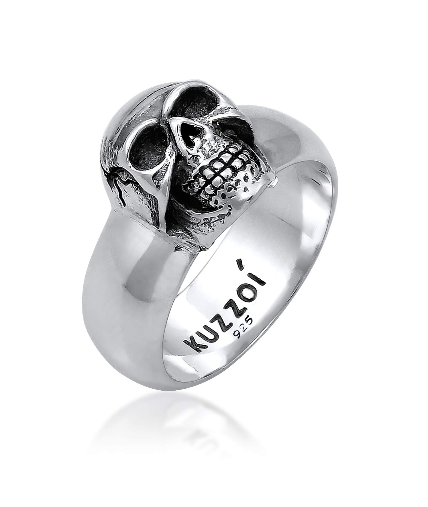 Kuzzoi Totenkopf Herrenring massiv 10 mm breit 925 Silber schwarz | schwarz oxidiert mit Gravur Ring für Männer in der Ringgröße 60 - 66