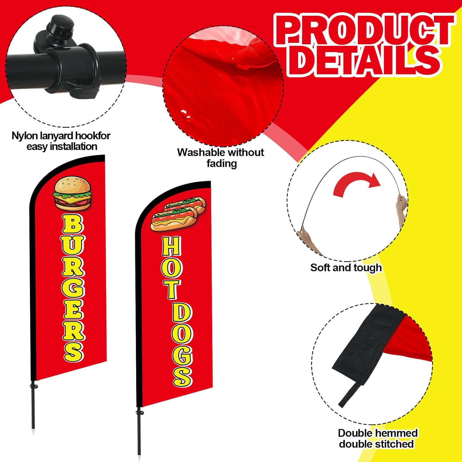 HunnmingRe 2 Set Hot Dogs Banner and Burgers Feather Flag Pole Kits, Advertising Swooper Flag with Pole and Ground Stake for Business, Restaurant, Outside Ground(7 ft)