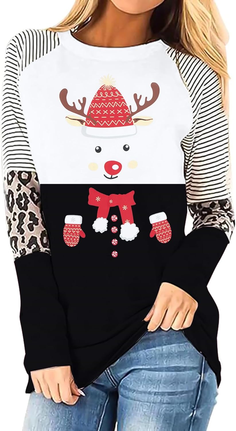 BANGELY Snowman Christmas Shirts Plaid Hat Graphics Long Sleeve Top Leopard Print Sleeve Pullover Raglan Baseball Tees