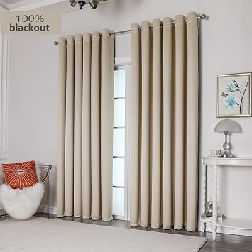 Fully Blackout Eyelet Curtains - 90 inch Drop Beige, Thermal Insulated & Noise Reducing, Extra Long Lined Room Darkening Curtains for Living Room, 90 x 90 inch 2 Panels