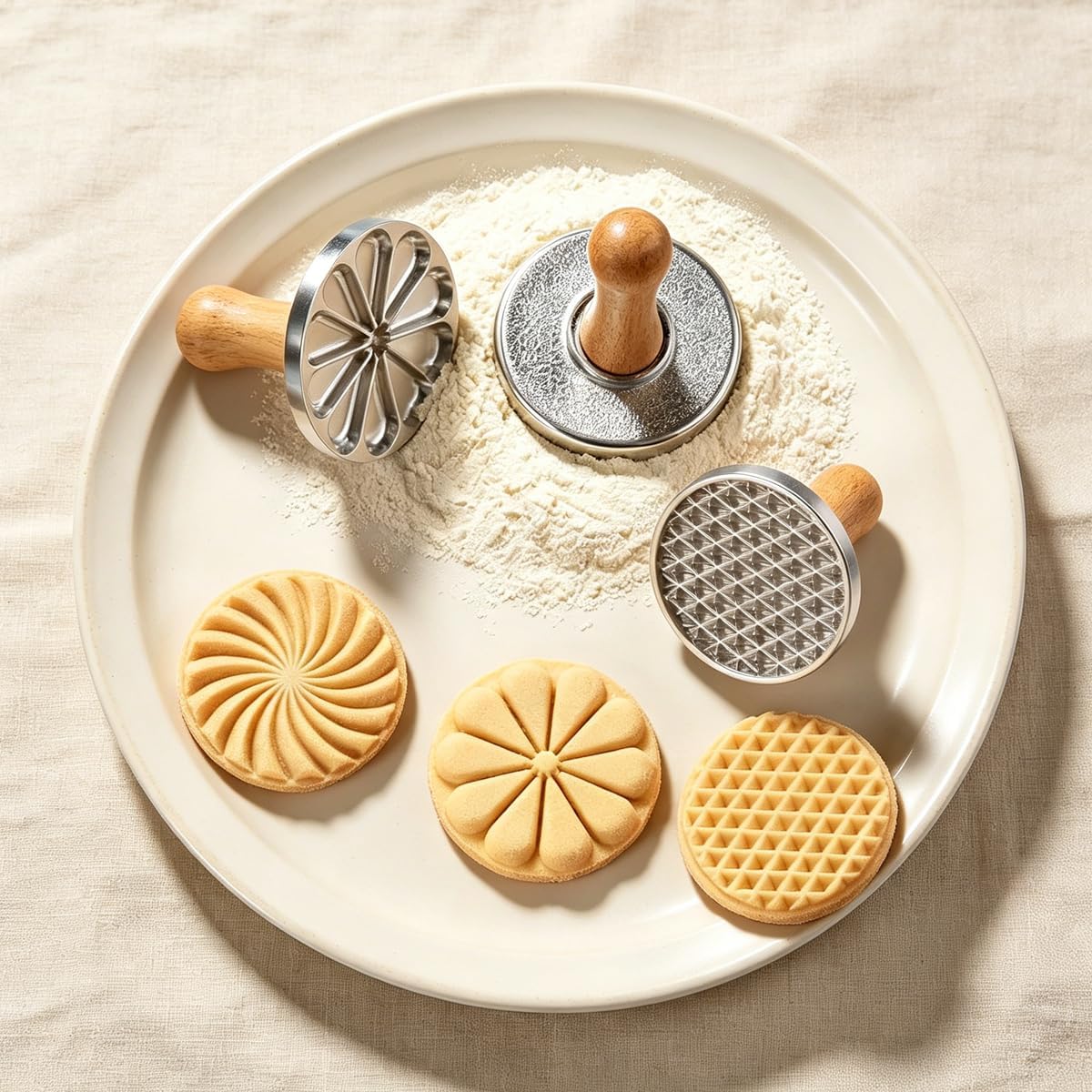 Cookie Stamps Set, 3 Pcs Cookie Stamps Round Metal Cookie Press Set with Wooden Handle, Decorating Supplies for DIY Baking, Cake, Pastry