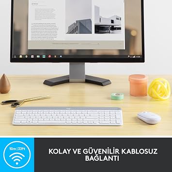 Logitech MK470 Slim Combo Wireless Keyboard Mouse Set, Compact Keyboard with 12 FN Shortcuts, Can Be Used with Right and Left Hands, 10 m Usage Distance, Quiet, Turkish Q Keyboard, White