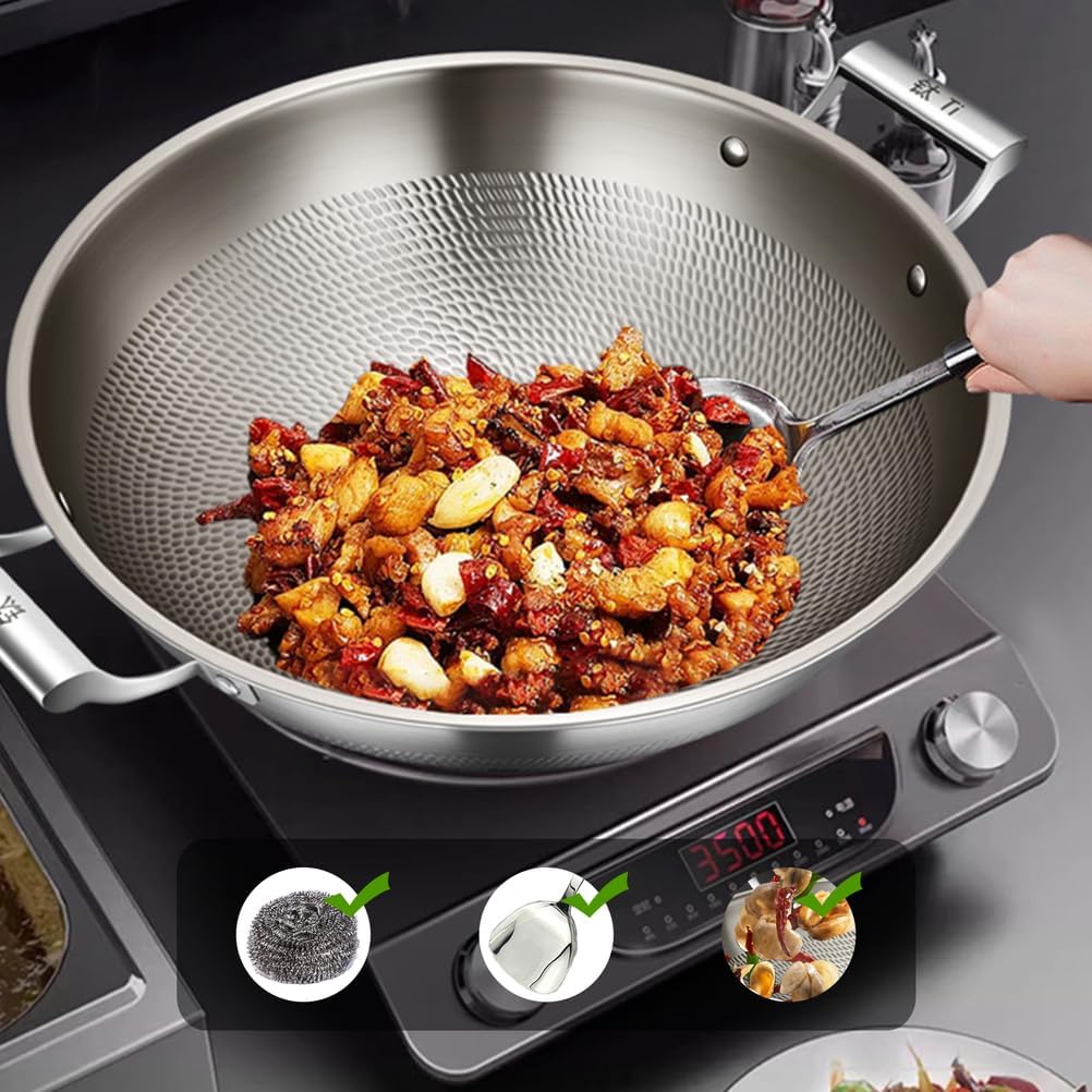 Titanium Hammered Wok with Double Handles, 2026 New Multifunctional Ultra-Durable Scratch-Resistant Non Stick Even Heating Titanium Wok for Cooking,With lid,17.72IN