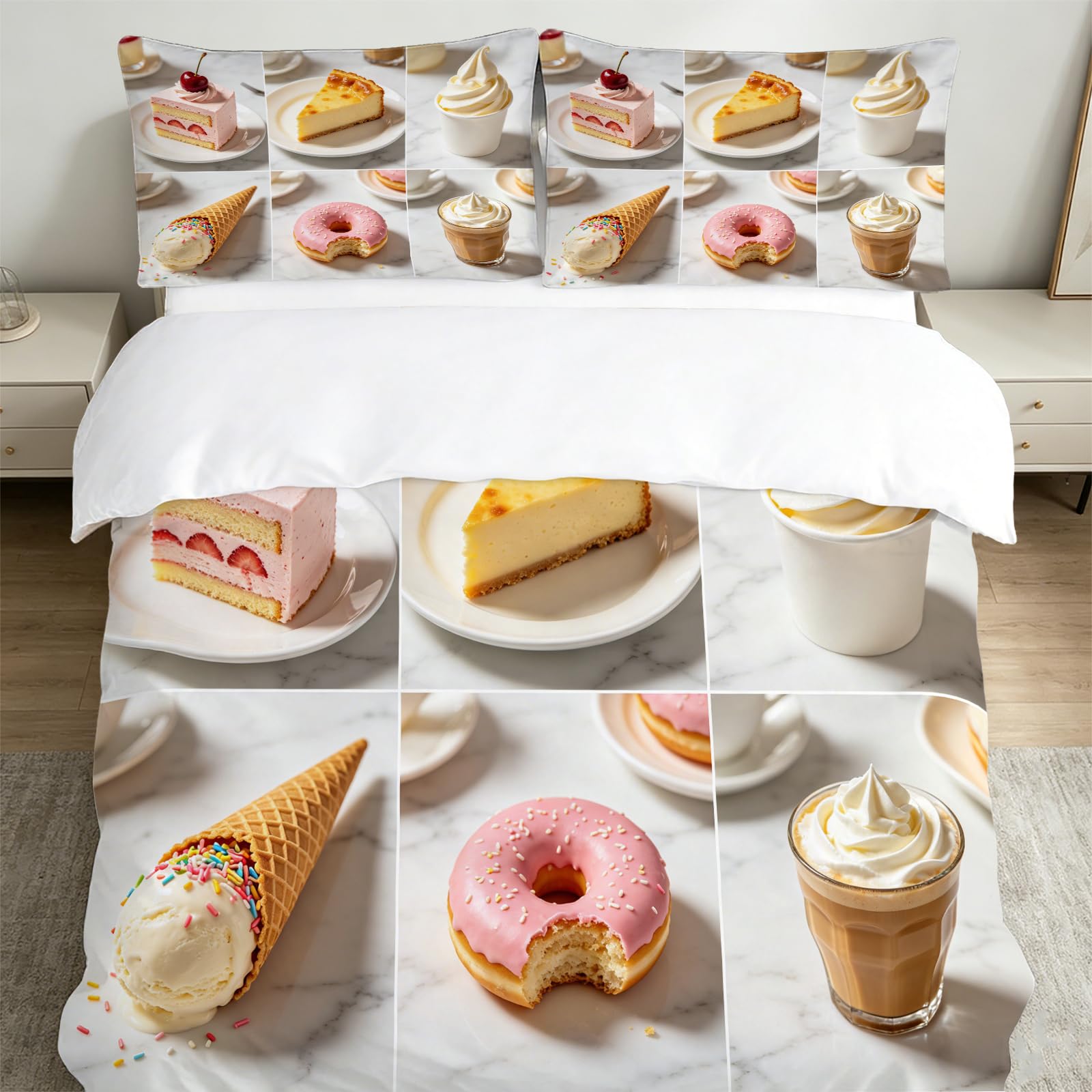 Set Copripiumino Matrimoniale 260x240 Torte e Bevande Stampa 3D Copri Piumino Cibo Delizioso Piumino in Morbido Microfibra Copripiumini con Chiusura Lampo e 2 Federa 50x80 2062-M