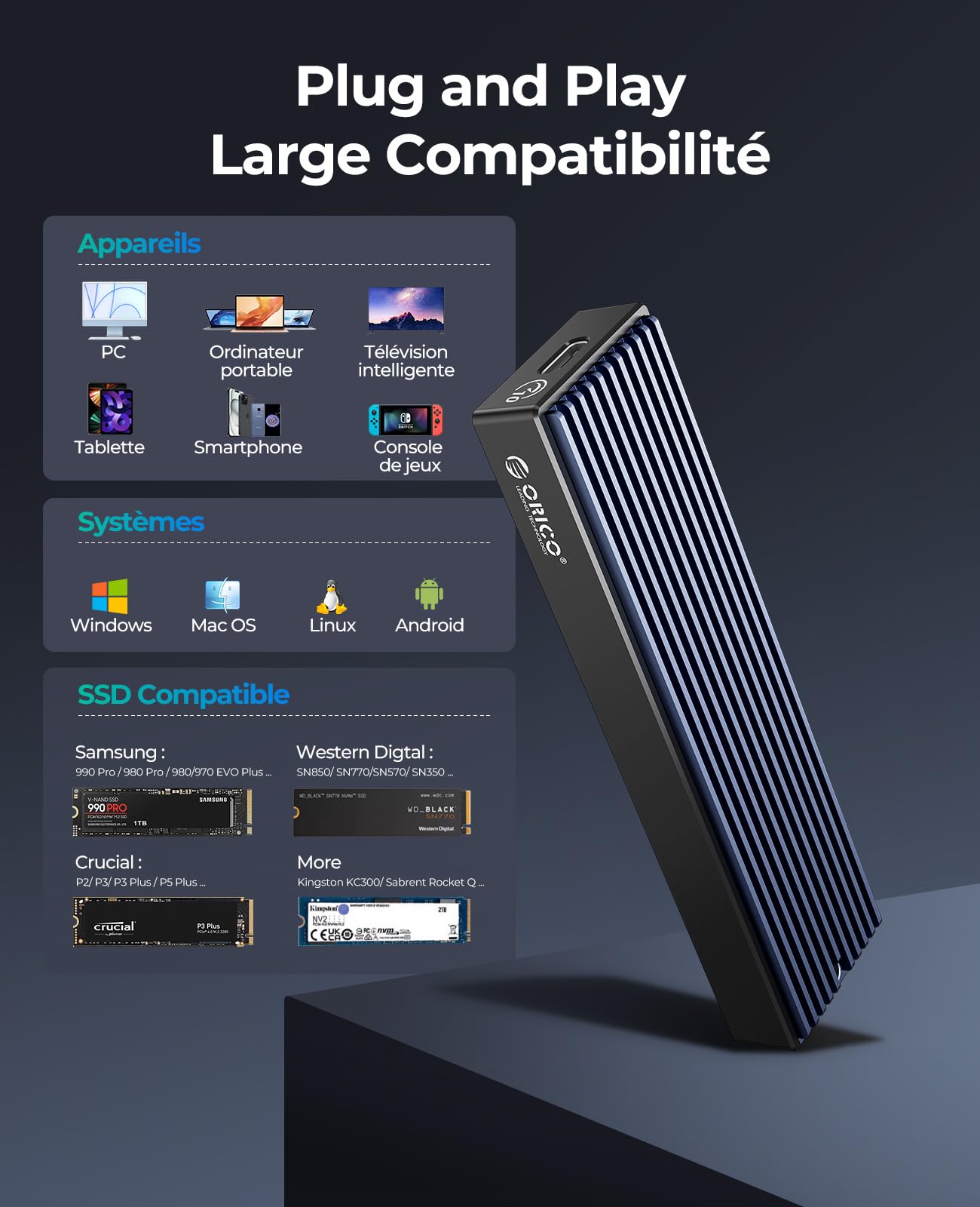 ORICO Boîtier SSD M.2 NVMe 10Gbps USB-C Adaptateur Externe USB3.2 Gen2 pour M.2 PCIe NVMe M-Key 2230/2242/2260/2280