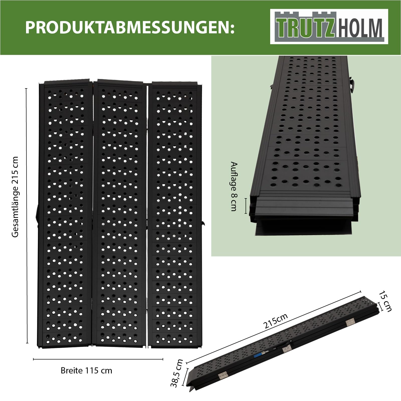 DREIBREIT by TRUTZHOLM 2-Fach Auffahrrampe klappbar 215 cm Traglast 1020 kg Alu schwarz gelocht Verladerampe Rampe