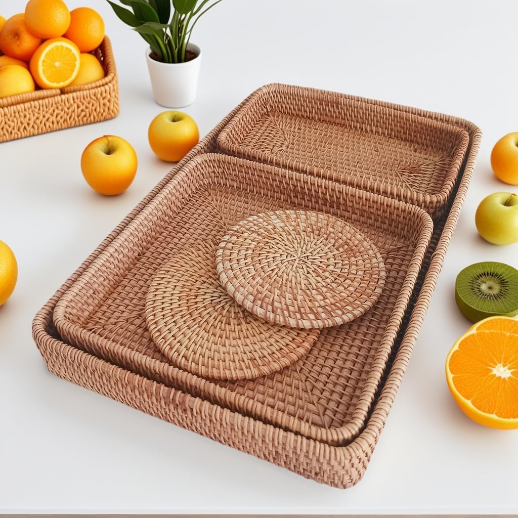Rattan Tray Rectangle, Rattan Basket Set of 5, Wicker Decorative Serving Tray Fruit Baskets Food Serving Holders Woven Baskets for Storage Home Kitchen Restaurant Decor