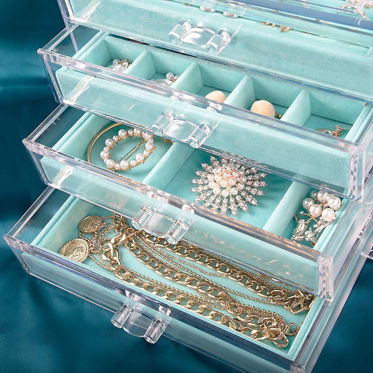 Acrylic with 4 Drawers Velvet Jewellery Storage Box Transparent Jewellery Storage Box for Women (Grey) (Gray) (White) (Blue)
