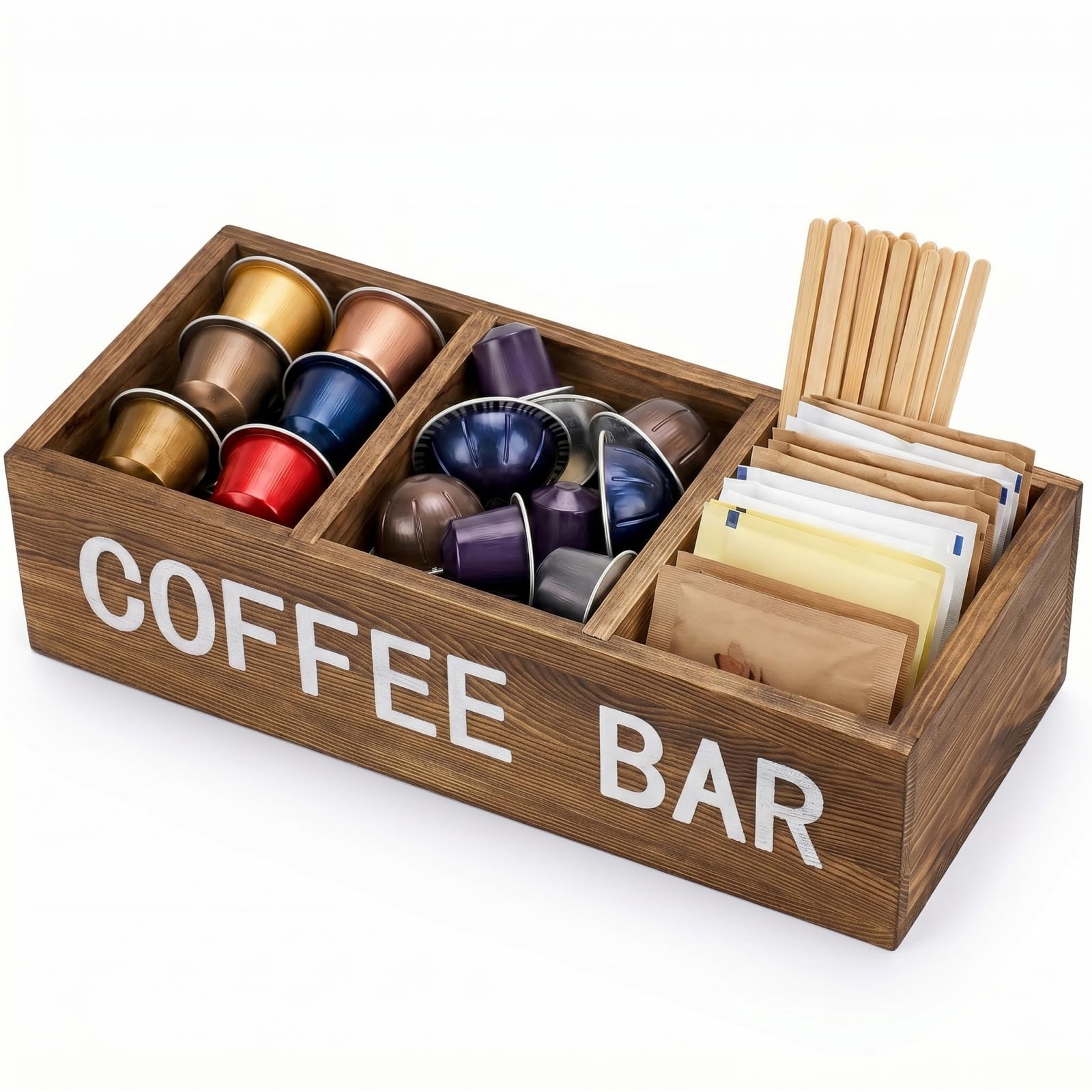 Koimiao Adjustable Wooden Coffee Bar Organizer - 3-Compartment Coffee Station Storage Box with Dividers for Pods, Condiments, Napkins (Brown)