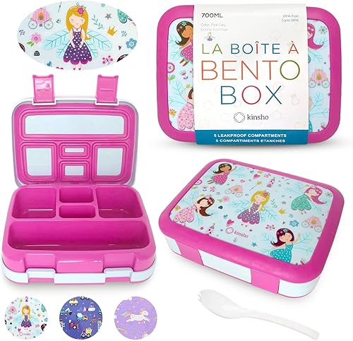 Miniatura 17 de kinsho Lonchera Bento, botella de agua, juego de bolsas de hielo para niños pequeños, 5 secciones de porciones, bandeja de plástico extraíble,