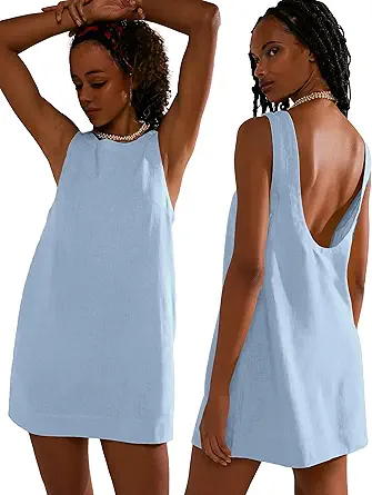 Women's Summer Linen Mini Dress with Pockets and Backless Design