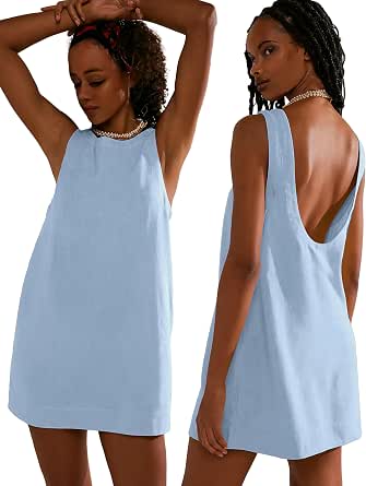 Women's Summer Linen Mini Dress with Pockets and Low Back