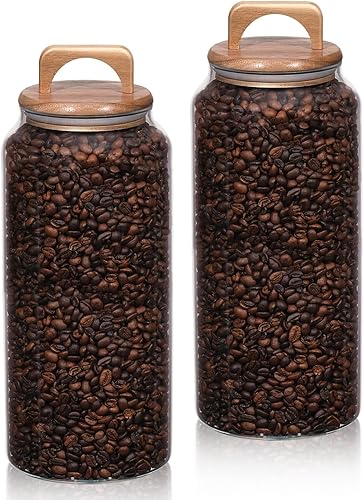 WHJY Paquete de 2 tarros de vidrio grandes de 107 onzas con tapas de madera, contenedores de almacenamiento de harina y azúcar para despensa de