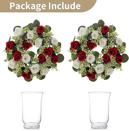 Miniatura 7 de NUPTIO Centro de mesa de coronas de flores artificiales 2 candelabros de cristal para velas flotantes de pilar con rosas falsas blancas y carmesí de