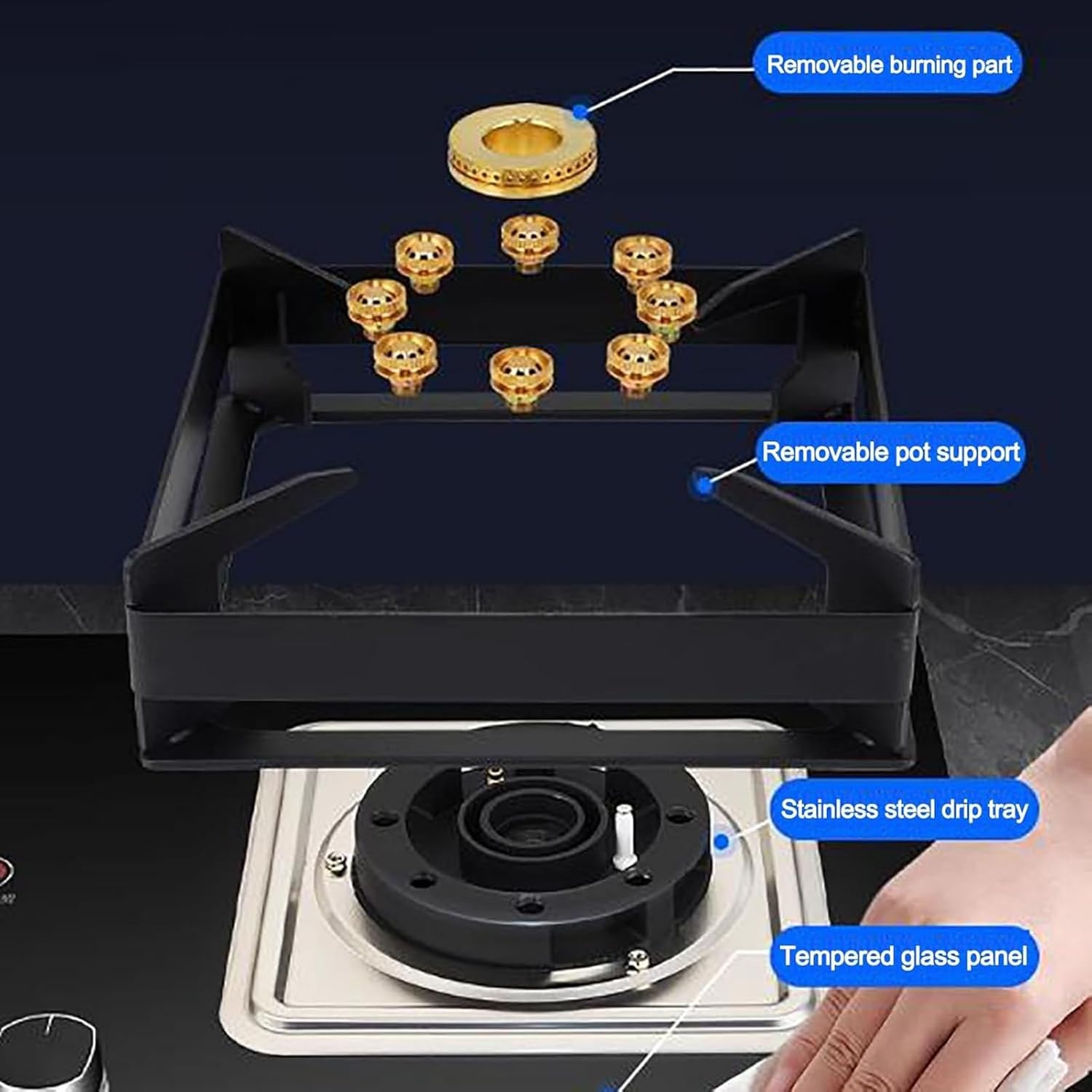 2 Burners Gas Cooker, 9.0Kw Tempered Glass Stove, Fast Ignition High-fire Double Hob, Bilateral 180min Smart Timed, with Cast Iron Support(LPG)(NG)