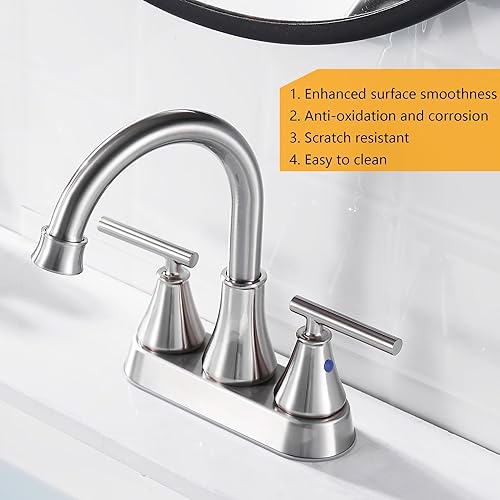 Miniatura 5 de Grifo de lavabo de baño de 4 pulgadas, 2 manijas centrales, níquel cepillado, sin plomo, moderno, grifo de tocador con tapón de drenaje emergente y