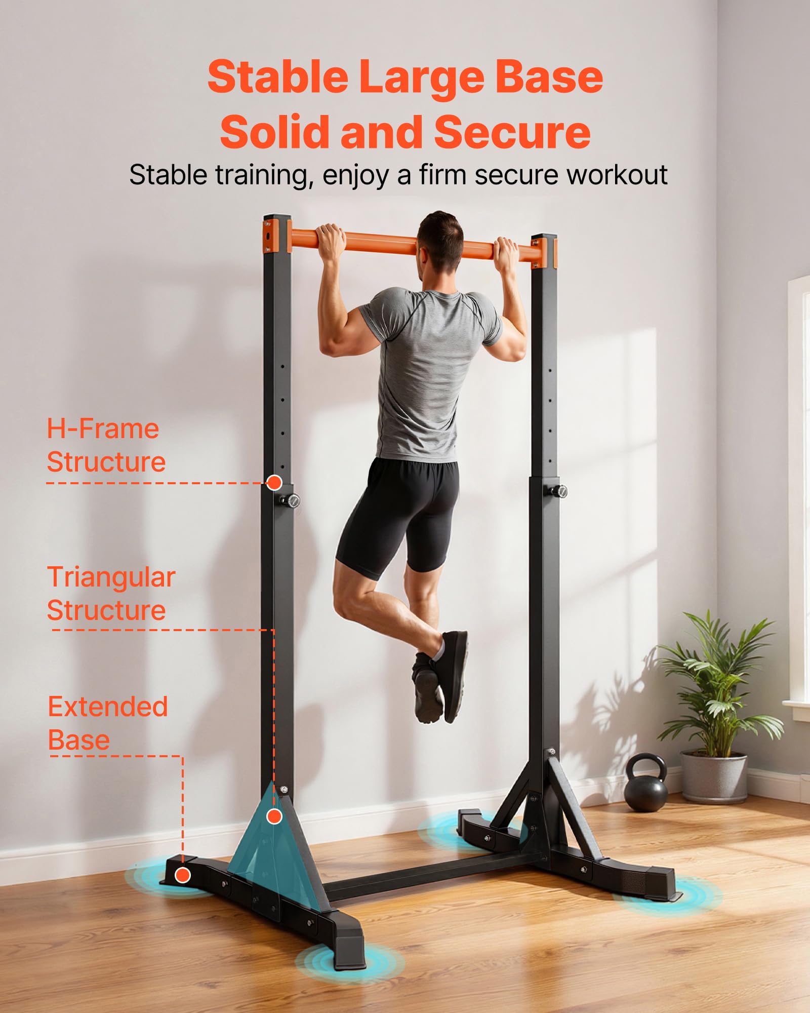 VEVOR Klimmzugstange tragbare Klimmzugstation Power Dip Station mit 150 kg Tragkraft, freistehend mit H-Rahmenkonstruktion & Stahlrohr, 8-fach höhenverstellbar, Training von Armen Rücken Brust