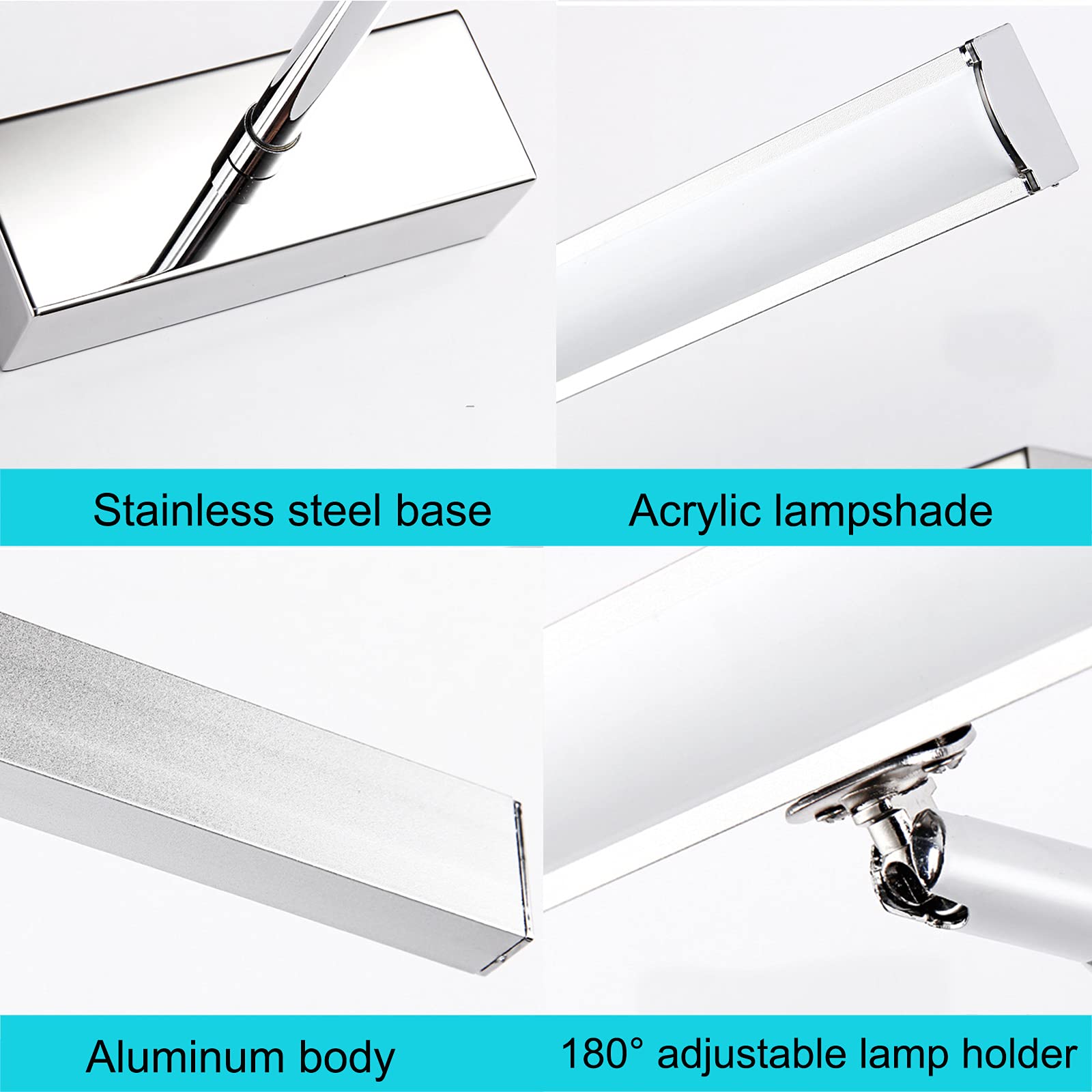 Lámpara LED para espejo de baño de acero inoxidable, moderna lámpara cromada para espejo de baño, giratoria 180 grados, luz sobre espejo, luz blanca cálida 3000K IP44, lámpara de pared para baño con p