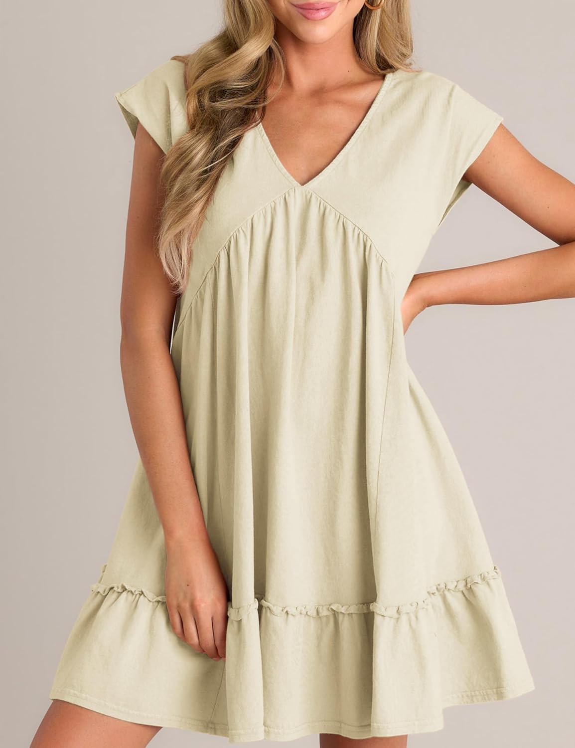APAFES Women's Summer Dress A Line V-Neck Ruffle Hem Sundress Flowy Swing Mini Dress with Pockets(Beige-XS) - Image 3
