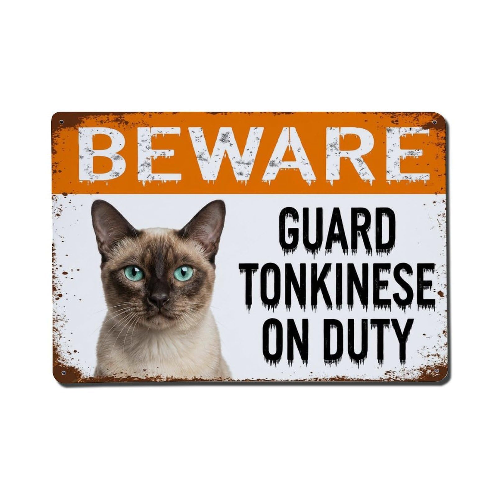 Vintage Funny Tonkinese Guard Beware of Cat Space Metal Tin Sign