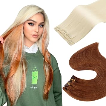 Full Shine Copper Brown Mix Blonde Clip in Hair Extensions, 4Pcs Seamless Clip in Hair Extension 55Gram & 7Pcs Clip ins Remy Straight Natural Look 95grams, 12 Inch