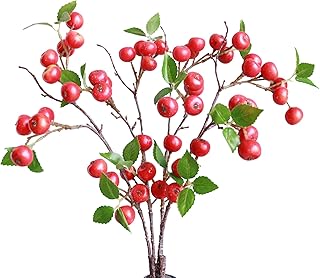 Forlaoers Realistic 4Pcs 21.6 Inch Red Artificial Berry with Stem Fake Berries Faux Fruits for Home Decor Room Table Vase Fillers Wedding Christmas Decorations Indoor Farmhouse
