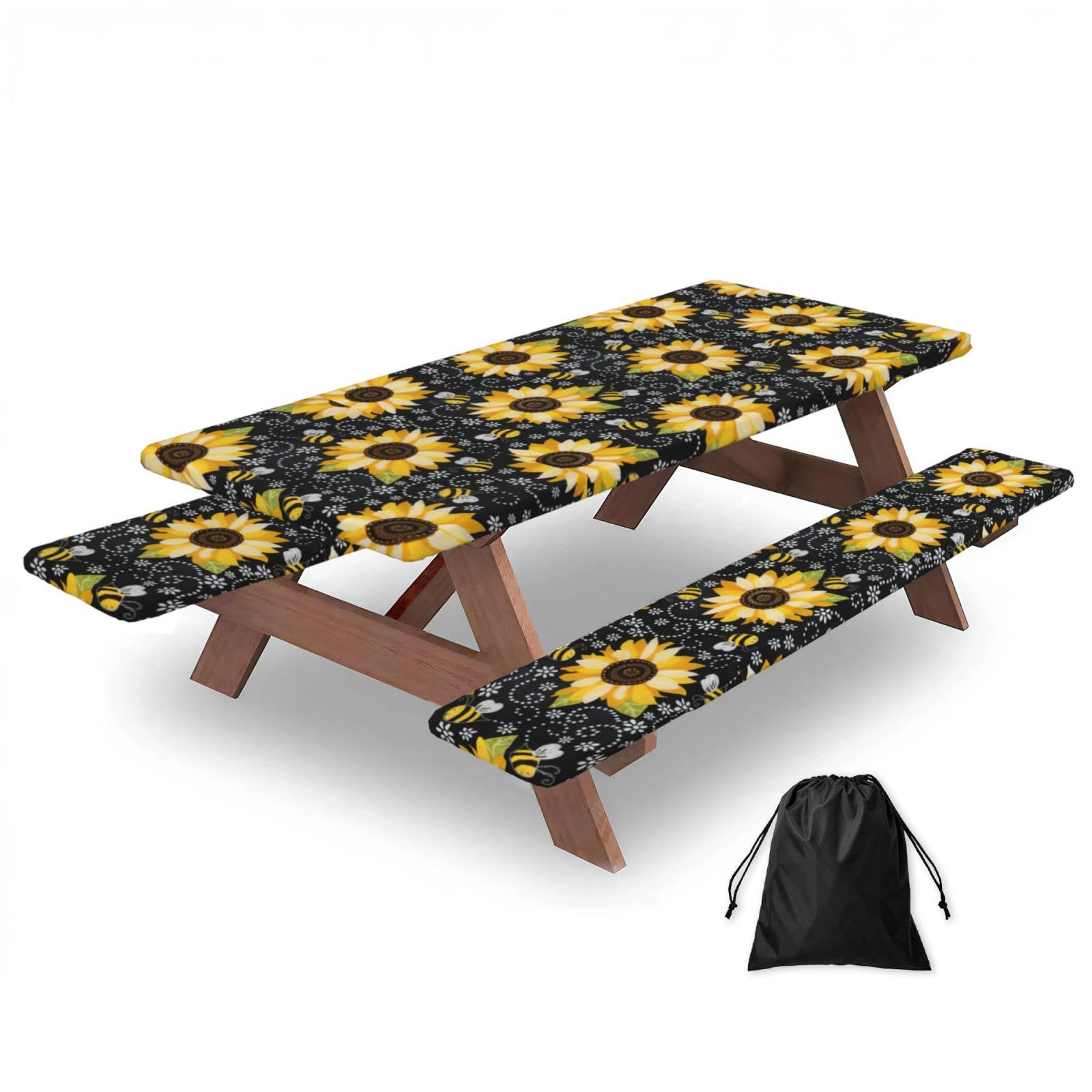 Sunflower Bee Print 3 Pack Wipeable Picnic Bench Cover And Table Cover Lightweight Table Cloth For Camping Outdoor