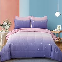 Vista 2 de Juego de edredón rosa y morado tamaño Queen de 7 piezas para niñas, juego de ropa de cama de arcoíris para niños, edredón de microfibra ultrasuave