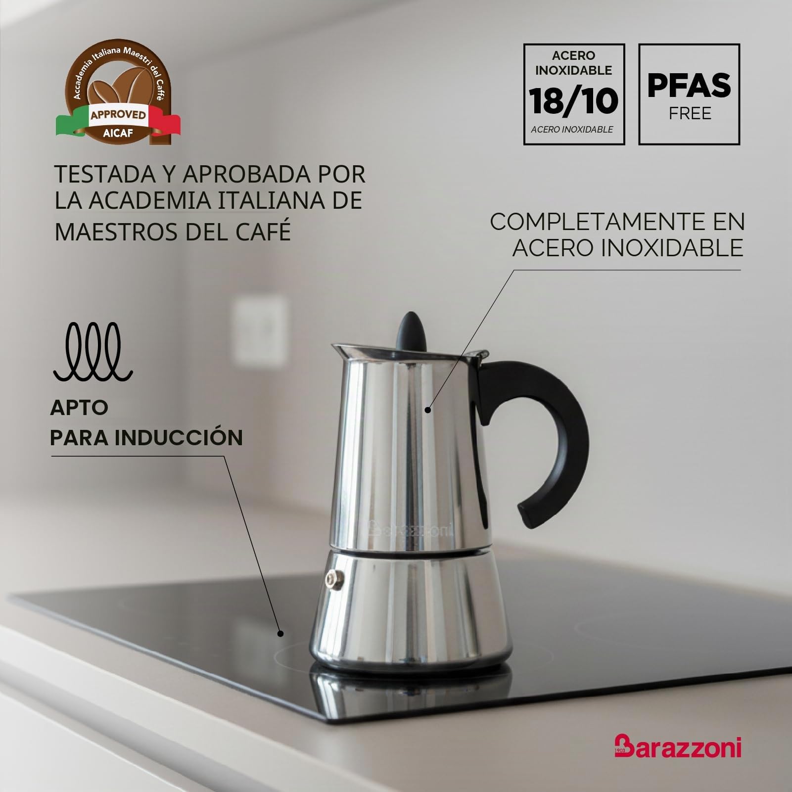 La cafetera Inox 2 Tazas Producto certificado por la Accademia Italiana Maestri del Café - Apta para inducción