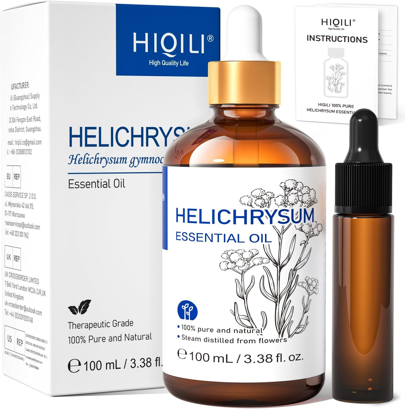 Helichrysum Essential Oil for Skin Nourish, Undiluted & Natural, Relieve Fatigue in Body Massage, Reduce Fine Line and Wrinkle, Aromatherapy Diffuser, DIY Floral Scented Gift -100ML