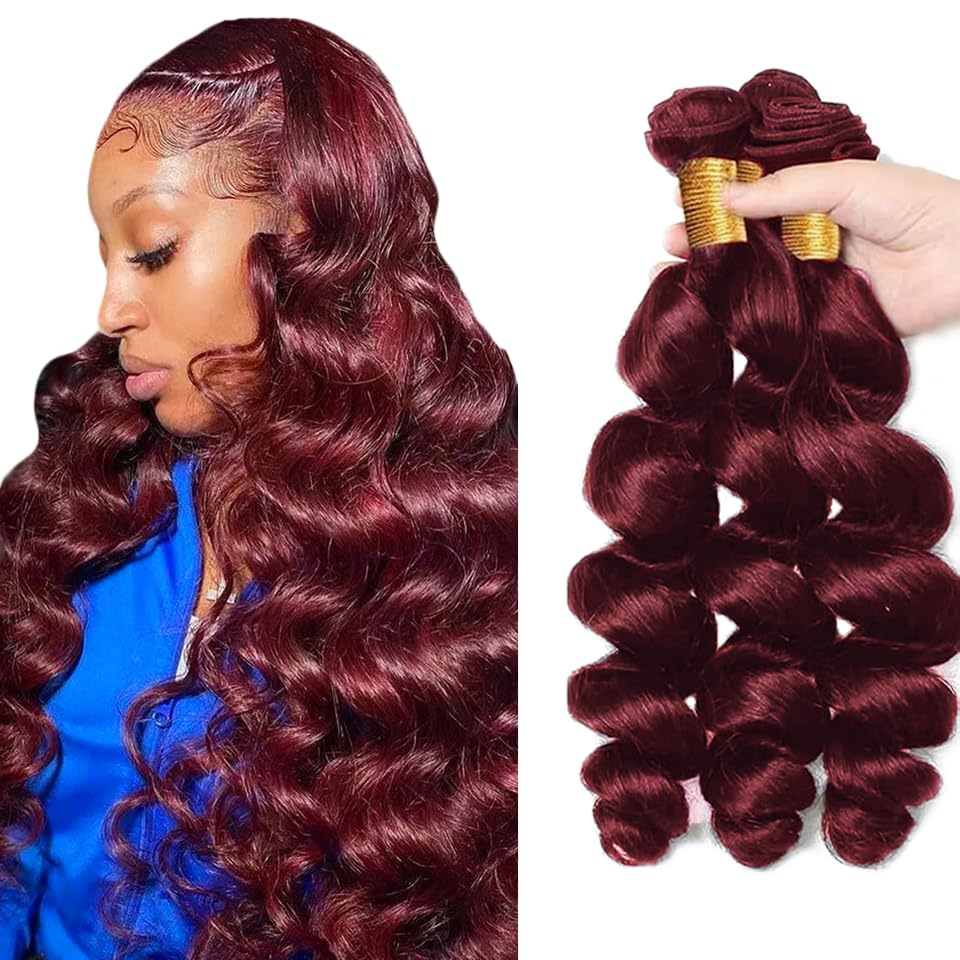 Loose Deep Wave Bundles #99J Burgundy Bundles Human Hair 20 20 20 Inch Wine Red Loose Wave Bundle Human Hair Extensions Double Weft Unprocessed Brazilian Virgin Hair 3 Bundle 50 Grams Per Bundle