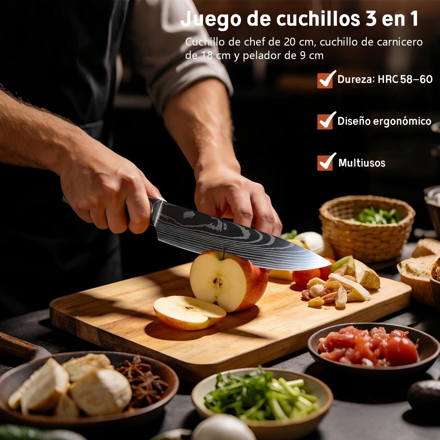 5pz Set di coltelli da cucina, set di coltelli da cucina, acero inoxidable al carbono, Cuchillos de Cocina, lame affilate, coltello da chef, Mango Ergonómico de Madera
